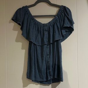 American Eagle Outfitters Ruffle Button Blouse - Dark Blue